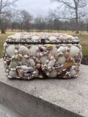 Large Seashell Lidded Trinket Jewelry Box 8x6.5x5"Nautical Folk Art Coastal
